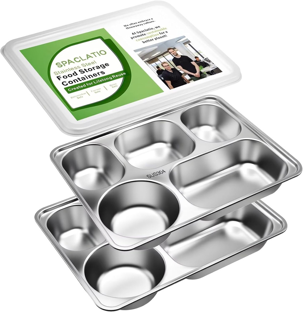 Stainless steel bento box, 2-pack 5-Panel lunch box, PP lid, Reusable meal preparation, BPA-free 18/8 Stainless steel snack box