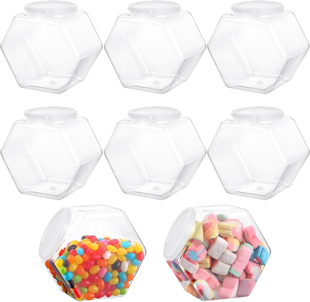 Wide Mouth Round Jars, Plastic Hexagon Clear, Dog Snacks Food Containers with Lids Airtight, Coffee Reusable Display for Gifts and Storage, 8 Pcs Cookie Jars