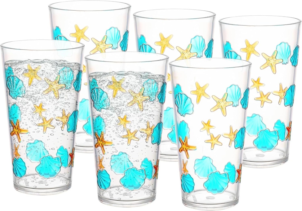 KLIFA- HAWAII series- 20.9 ounce, Set of 6, Sea World Acrylic Drinking Glasses, Shatter-proof Tumblers, BPA-Free, Stackable Plastic Drinkware, Dishwasher Safe Cups, Clear with 2-color printing