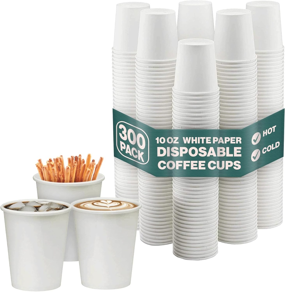 NYHI 10oz Disposable Paper Cups - For Hot & Cold Drinks, Espresso, Tea, Juice, Water & More - Plain, Writable Surface Ideal for Cafes, Office & Events - Fits Most Coffee Machines, 300 pcs. - White