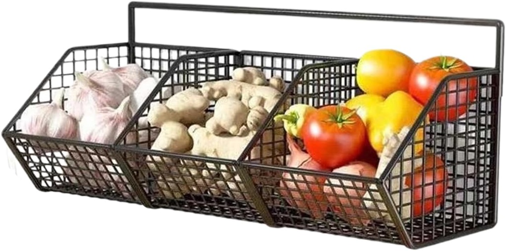 Kitchen - 36x14x15cm Easy To Install Hanging Fruit Basket | Versatile 3-Compartment Potato Storage | Wall Baskets For Storage | Space-Saving Wall Mounted Rack For Ginger Garlic Organization