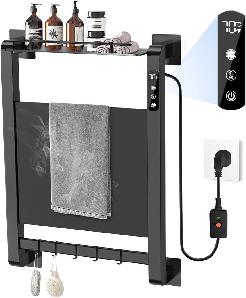 Heated Towel Rack, Towel Warmer Rack for Bathroom with Timer and Temperature Multi-Level Adjustments, IPX4 Wall Mounted Towel Heaterwith Fast Heating, Towel Dryer with Shelf, Plug-in, Black