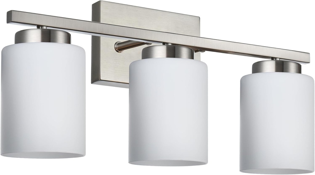 VINLUZ 3-Light Bathroom Vanity Light Fixtures Over Mirror,Metal Base Brushed Nickel Finish Classic Wall Sconces with Milky White Frosted Glass Shades for Bedroom Cabinet Kitchen Stairs