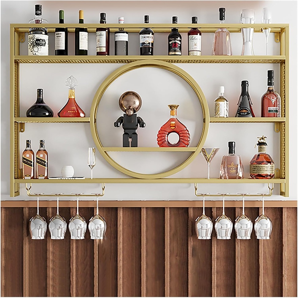 Enhanced Wine Storage Rack Wall Mounted with LED Light Iron Bar Liquor Shelf Floating Wall Wine Shelves Glass Holder Kitchen Wine Cellar (Gold 120)