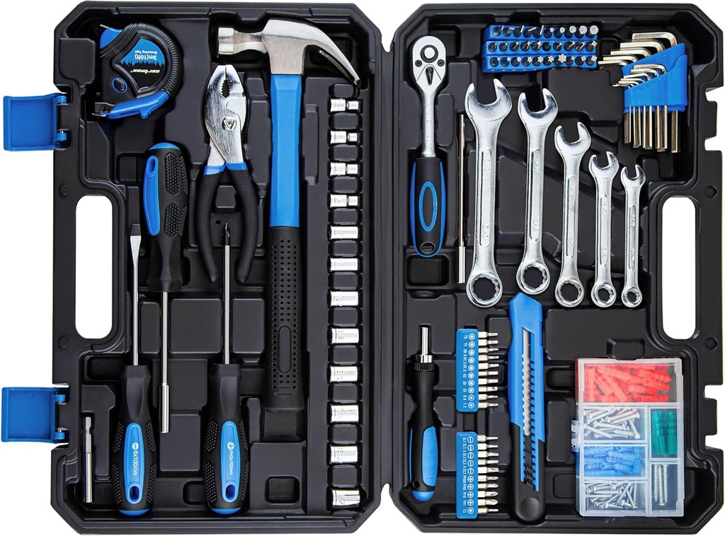 CARTMAN 180-Piece Socket Wrench Auto Repair Tool Combination Package Mixed Tool Set Hand Tool Kit with Plastic Toolbox Storage Case Blue