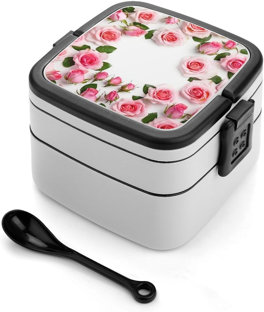 Flowers Surrounded Bento Box Adult Lunch Box All-in-One Lunch Containers with Removable Compartments Double Layer Bento Lunch Box with Spoon And Handle Stackable Lunchbox