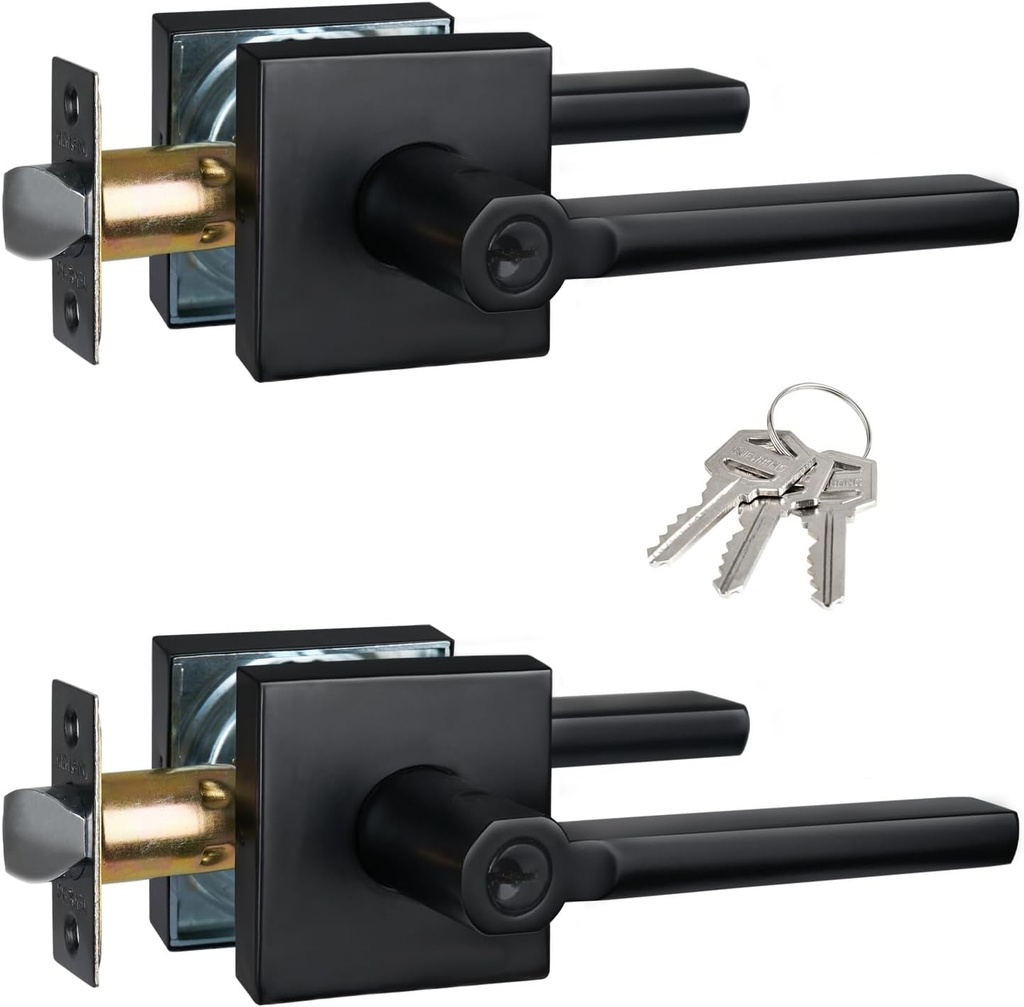 2 Pack Keyed Alike Entry Door Lever with Lock and Key, Matte Black Door Handles for Interior/Exterior Doors, Reversible Door Knob for Right&Left Handed Door