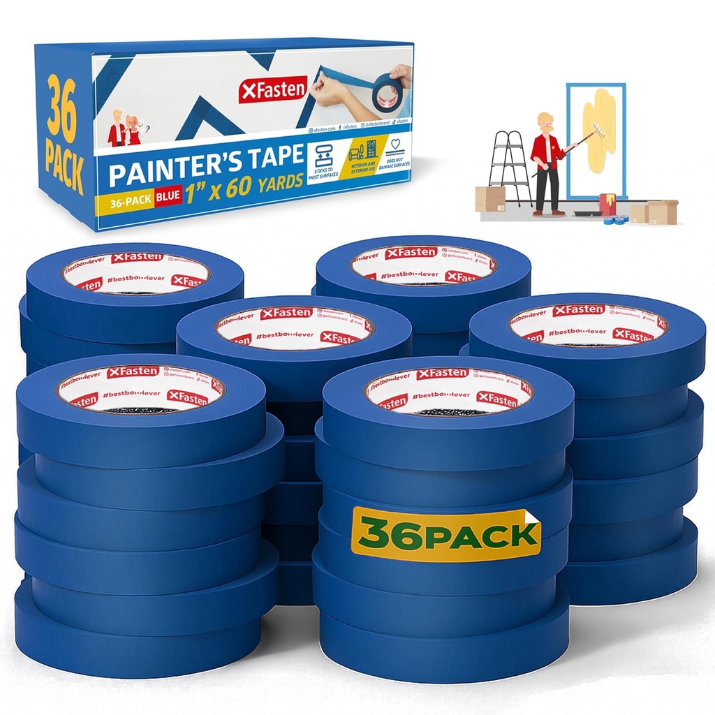 XFasten Blue Painters Tape 1 Inch Wide x 6,480 Feet 36-Pack Bulk UV Residue-Free Blue Masking Tape for Clean Lines, Indoor and Outdoor Multi-Surface Use - Sharp Paint Lines for Walls, Easy Removal