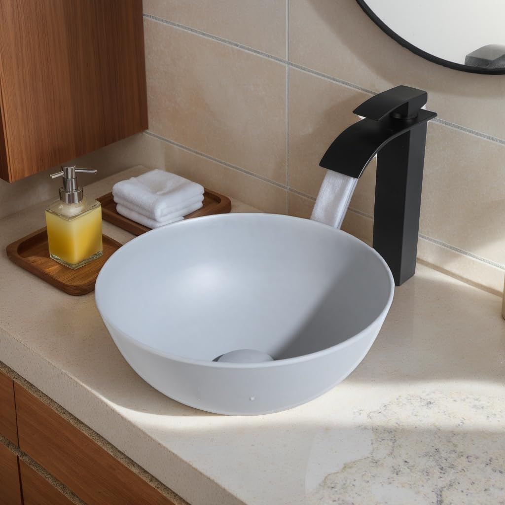 13 Inch Grey Vessel Sink Stone Resin Round Bathroom Basin Compact Vessel Sinks Top Mount Sink Bowls for Small Bathrooms Vanities Space Saving Design