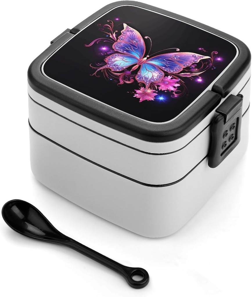 Purple Butterfly Bento Box, Reusable Double Layer Lunch Box with Handle & Dividers, 1000ml Leakproof Lunch Container for Office, Picnic, Travel