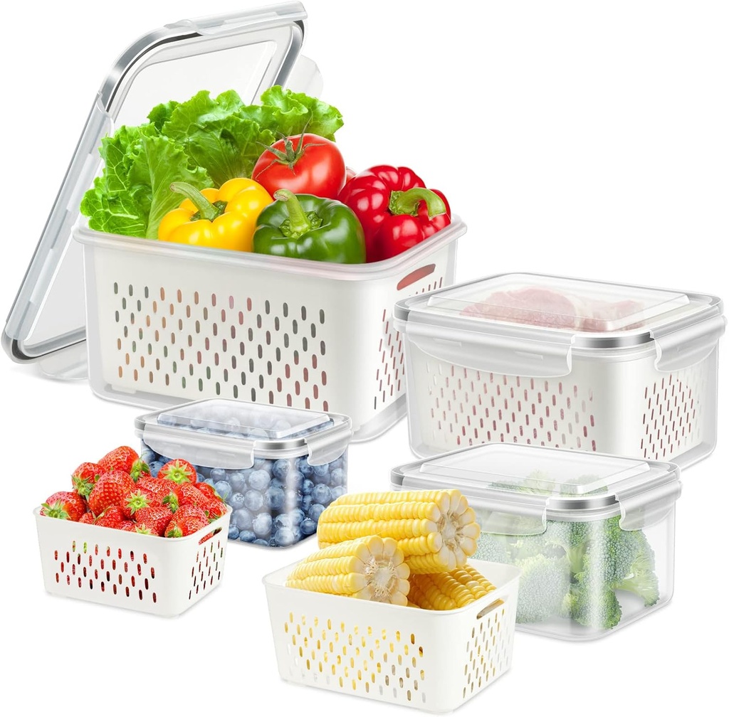 4 Pack Fruit Storage Container for Fridge, Plastic Fruit Containers for Fridge with Removable Colander, Container for Fruit Berry Salad Lettuce, BPA Free Kitchen Refrigerator Organizers