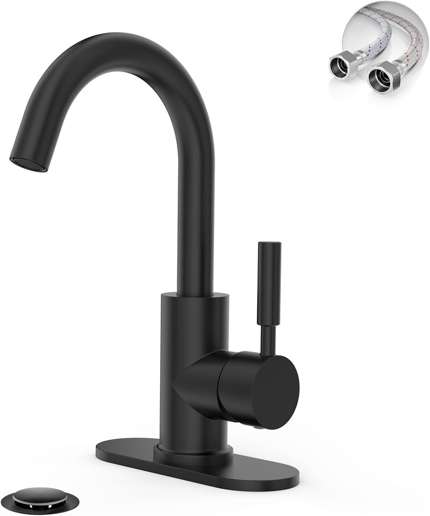 Phiestina Single Hole Matte Black Single-Handle High-Arc Stainless Steel Faucet for Pre-Kitchen Sink/Bar Sink/Bathroom Sink, with 4 Inch Deck Plate and Supply Hoses, Matte Black, WE08E-MB