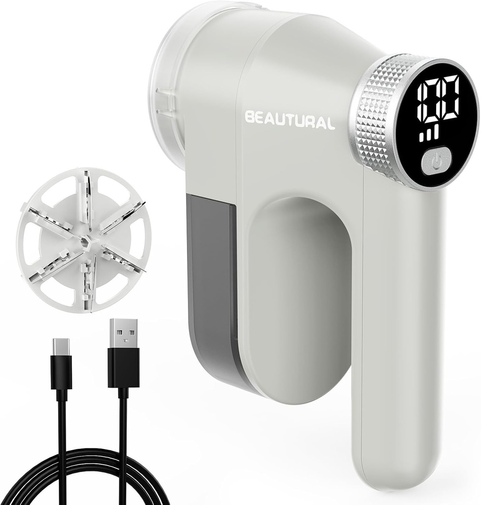 BEAUTURAL Fabric Shaver, Rechargeable Lint Remover, Electric Portable Sweater Defuzzer with 3 Speeds, 6 Leaf Blades, Digital LED Display, Remove Pilling for Clothes, Furniture, Sweater, Couch, Blanket