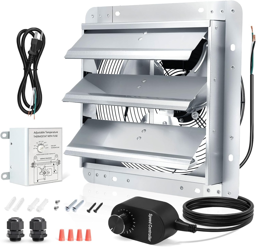 Shutter Exhaust Fan with Thermostat & Speed Control, 1558 CFM,1665 RPM, Upgrade 14 inch Wall Mount Attic Vent Fan for Chicken Coops, Greenhouse, Gable, Barn, Garage, Shed Ventilator