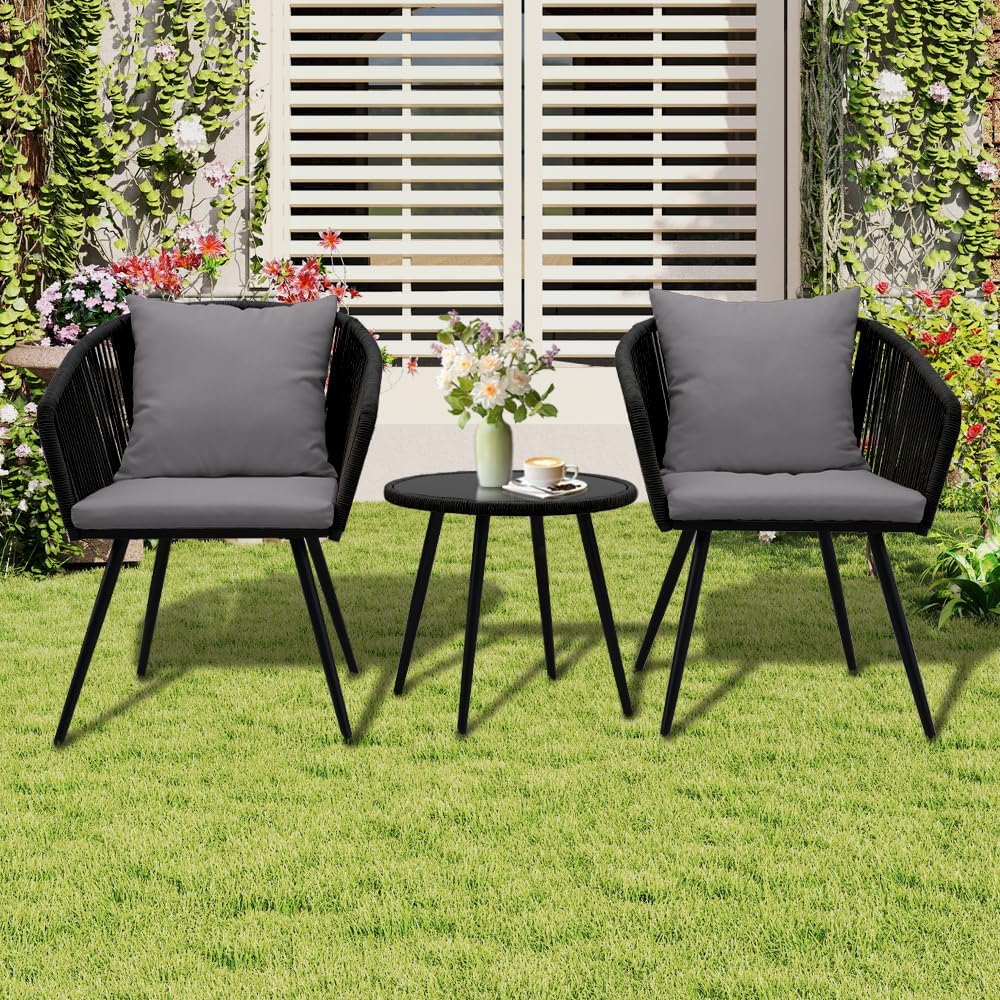 Patio Furniture Set 3 Piece Patio Bistro Sets Woven Rope Chair with Cushions Glass Coffee Table All Weather Modern Outdoor Conversation Furnitures for Deck Balcony Poolside
