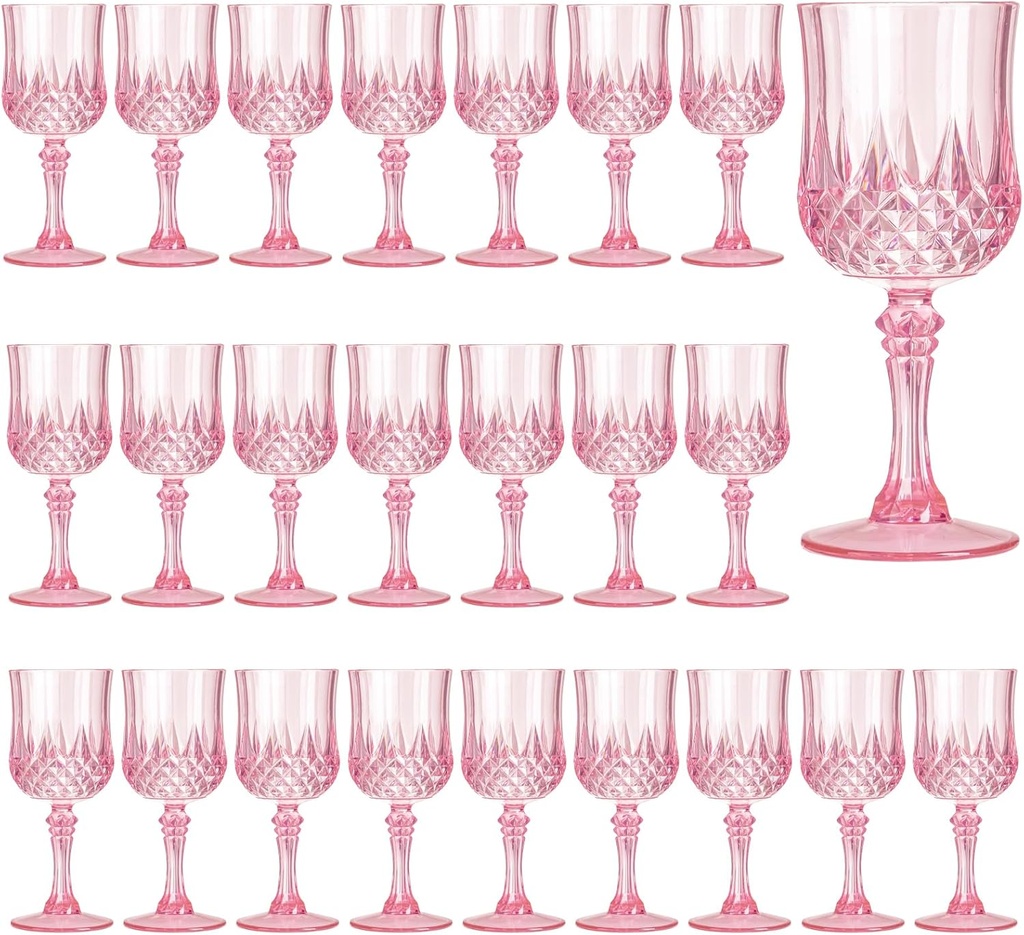 7OZ Plastic Wine Glasses, 24Pcs Pink Reusable Drinking Cups Vintage Champagne Flutes, Plastic Crystal Water Goblets for Parties Stemmed Shatterproof Drinking Glasses for Wedding, Toasting Party
