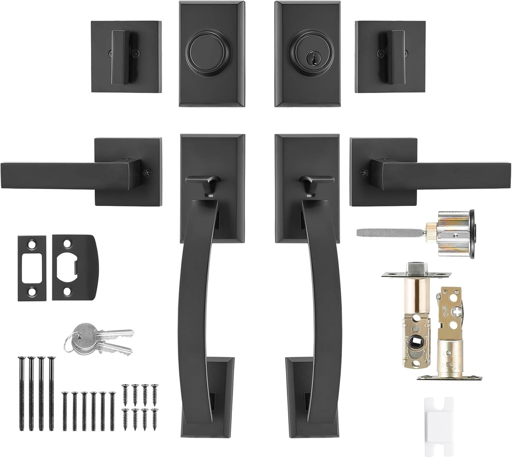 Happybuy Double Door Handle Set, Matte Black Arched Door Lever, Double Front Door Handle Set with Reversible Handle Lever, Heavy Duty Double Door Lock Set with Dummy