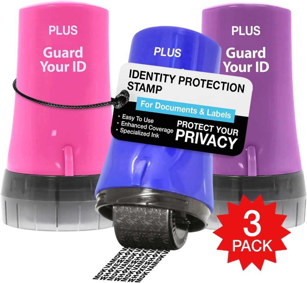 Guard Your ID Advanced 2.0 Roller – 3-Pack Identity Theft Protection Stamp for Documents, Mail & Packages, Privacy Masking Roller (Blue, Pink, Purple)