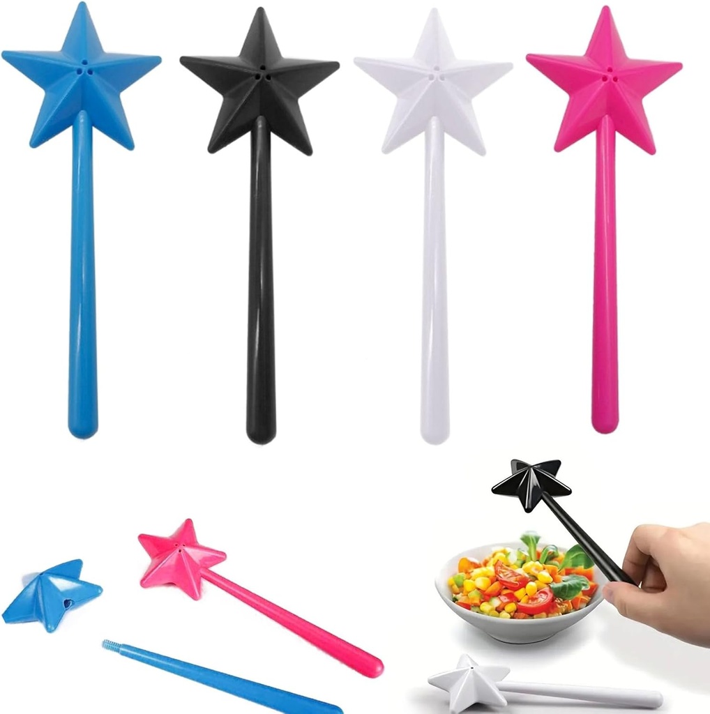 4 PCS Star Magic Salt and Papper Shakers Pentagram Shape Fairy Wand Three Holes Salt Dispenser Refillable Removable Light One Hand Operation Kitchen Accessories （Black, White, Blue, Rose Red）