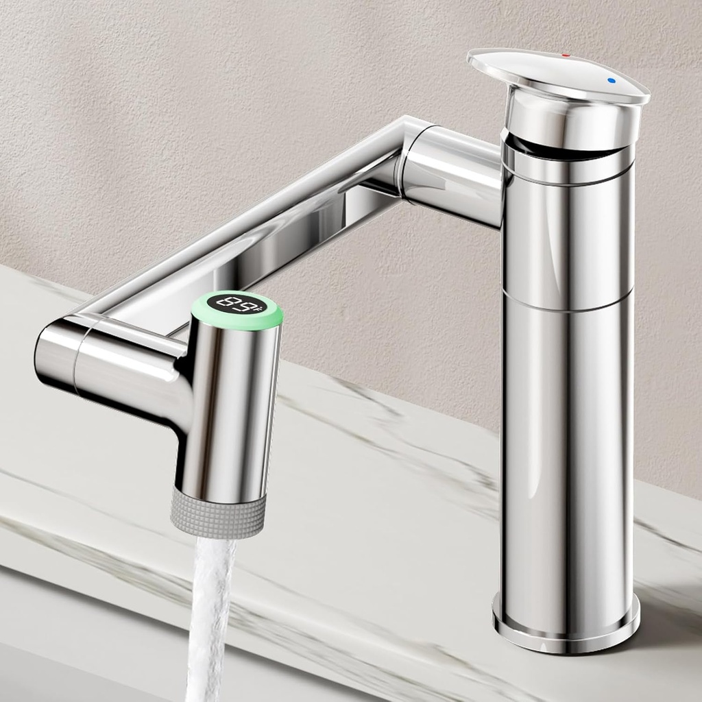 HOWUWEY 1080° Rotatable Single Hole Bathroom Vanity Faucet with Temperature Display, Height Adjustable Single Lever Bathroom Sink Faucet 1 Hole, LED Basin Faucet with Color Change (Chrome)