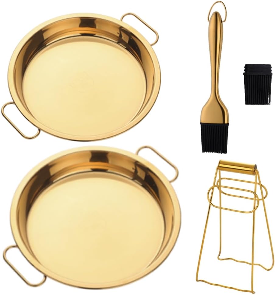 Stainless Steel 2pcs Steaming Tray Set, With plate tongs , oil brush tool，Folding handle，Chinese Liangpi Making Tools Set, For Cold Noodle，Steamed Rice，Steamer Pan Round Cake Fruit Tray (Gold)