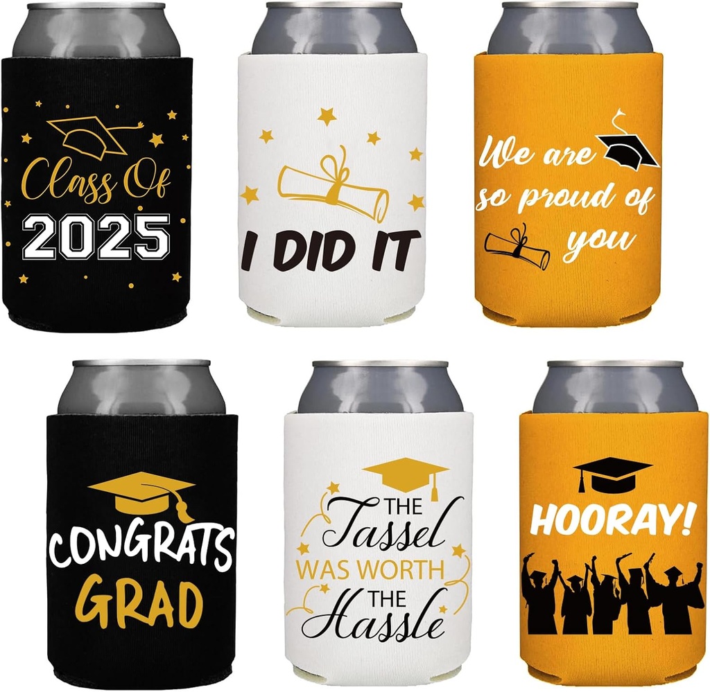 12PCS Graduation Can Cooler Party Supplies – Congrats Grad Class of 2025 Beverage Cover Sleeves Decorations
