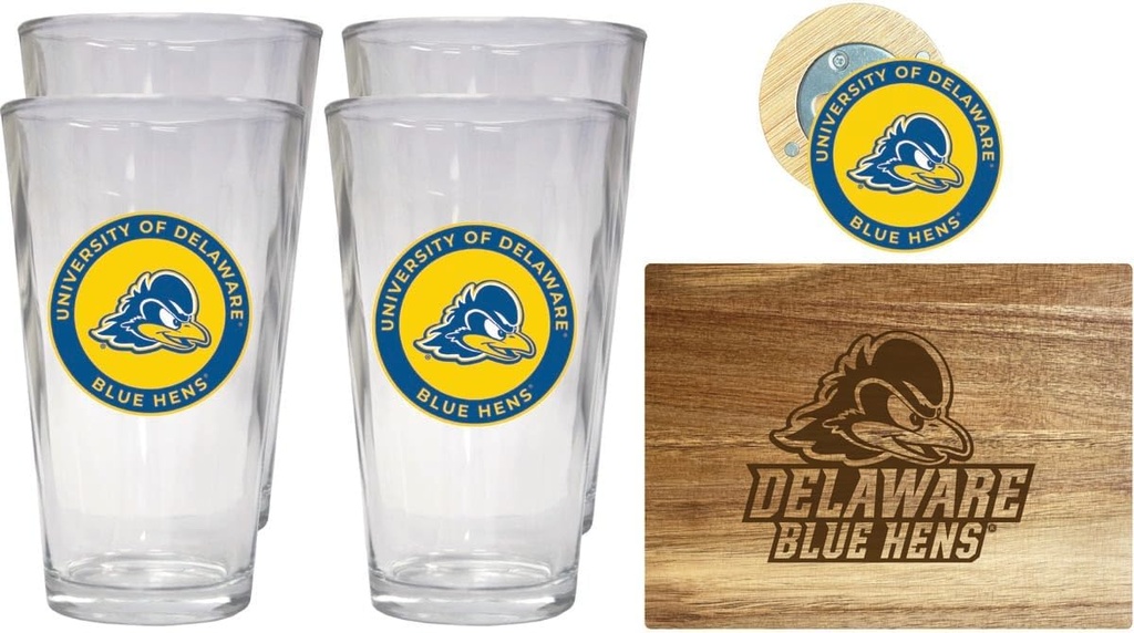 R and R Imports Delaware Blue Hens Officially Licensed Kitchen Pack - Wood Cutting Board, 4 Pint Glasses & Magnetic Bottle Opener