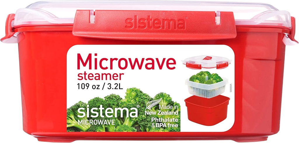 Sistema Microwave Food Steamer with Removable Steamer Basket | Large 3.2 L | Red/Clear