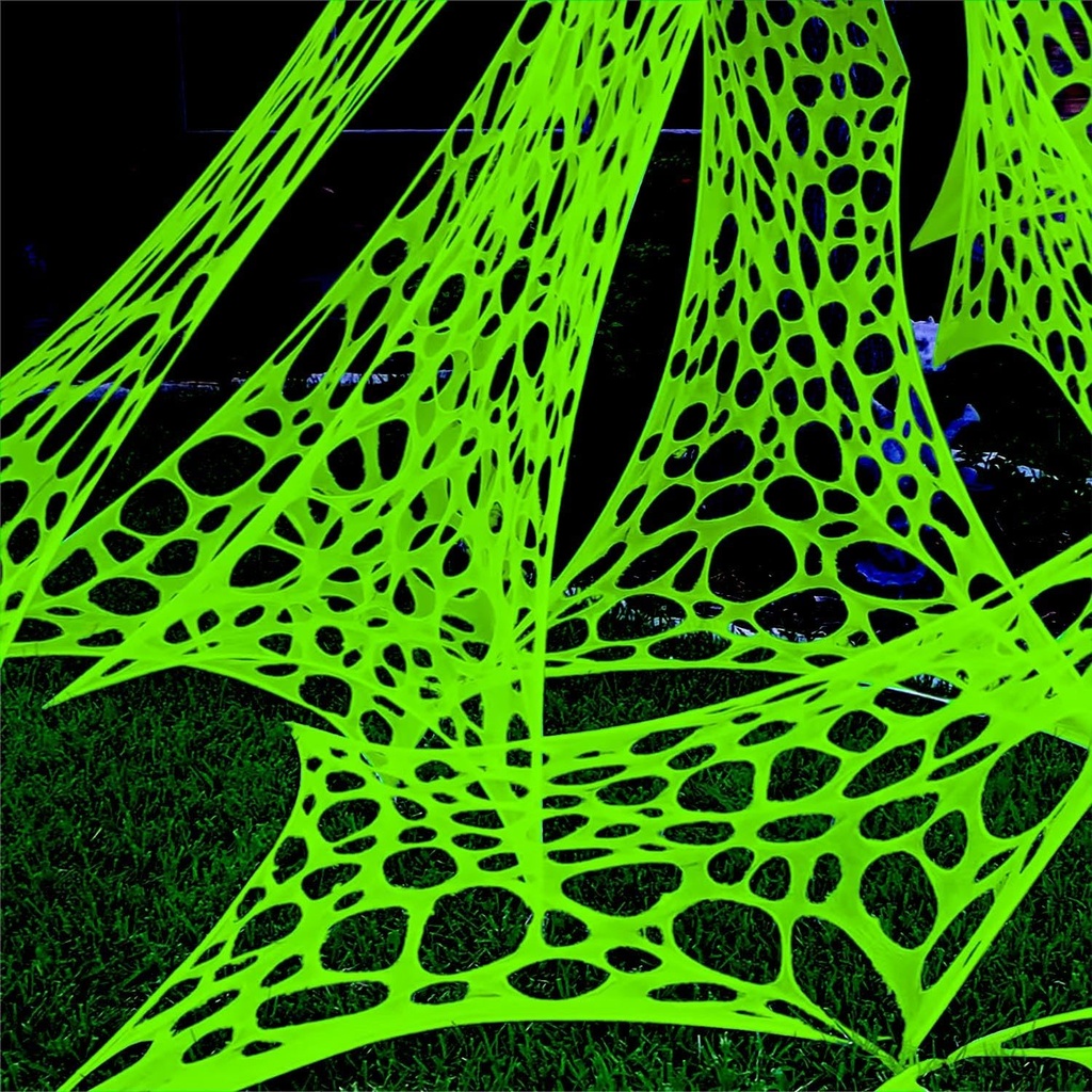 700 sqft Giant Durable Spider Web for Halloween Decoration Outdoors, Glow in The Dark Stretchy Beef Netting, Green Giant Spider Web Outdoor Decoration (24FT x 4FT)