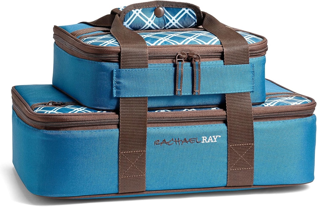 Rachael Ray Lugger Duo, Insulated Casserole Carrier for Hot or Cold Food, Thermal Lasanga Lugger Tote for Pockluck, Parties, Picnic, and Cookouts, Fits 9" x 13" Baking Dish, Blue Plaid