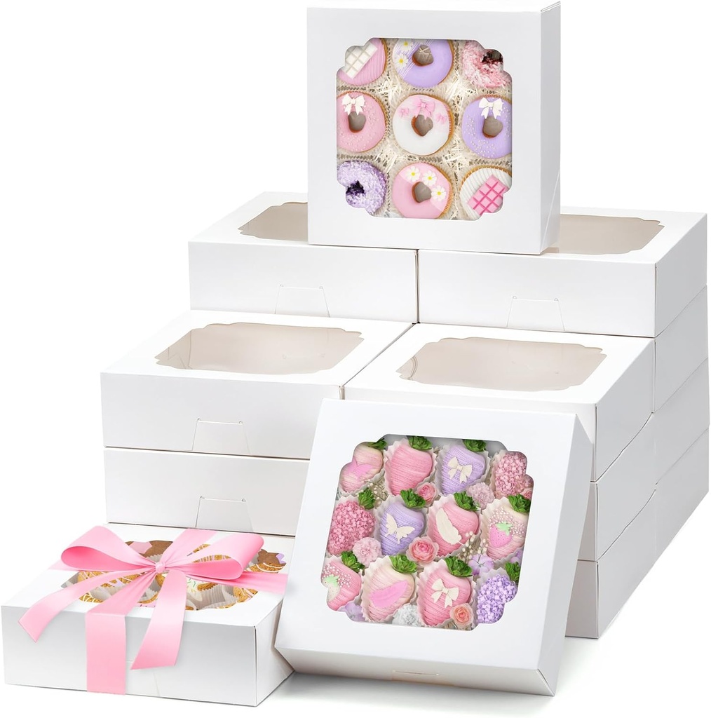 Moretoes 45pcs Bakery Boxes, 8x8x2.5 Inches Cookie Boxes with Window Treat Container for Pie, Strawberry Chocolate, Cakes, Pastries