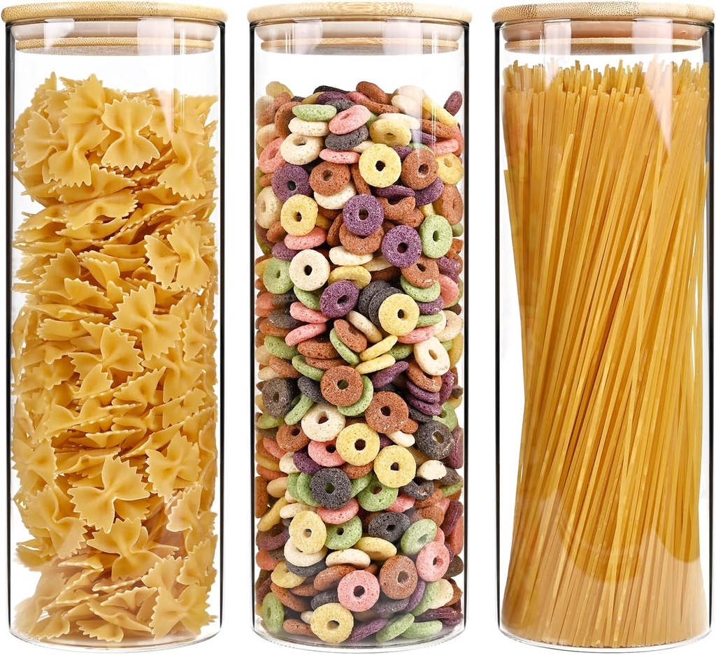 73oz Glass Pasta Storage Jars, Tall Glass Jars with Bamboo Lids, Spaghetti Container, Set of 3, Kitchen Storage Containers for Pasta, Pantry Organizers