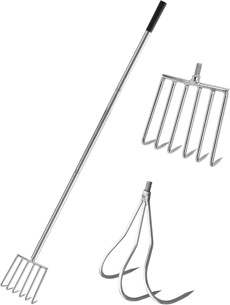 Multifunctional Garden Cultivator, Adjustable Long Garden Claw Rake Weeding Tools Hand Tiller with 1 Handle (17.1"-48") & 2 Stainless Steel Prong for Cultivating Loosening Soil Weeding