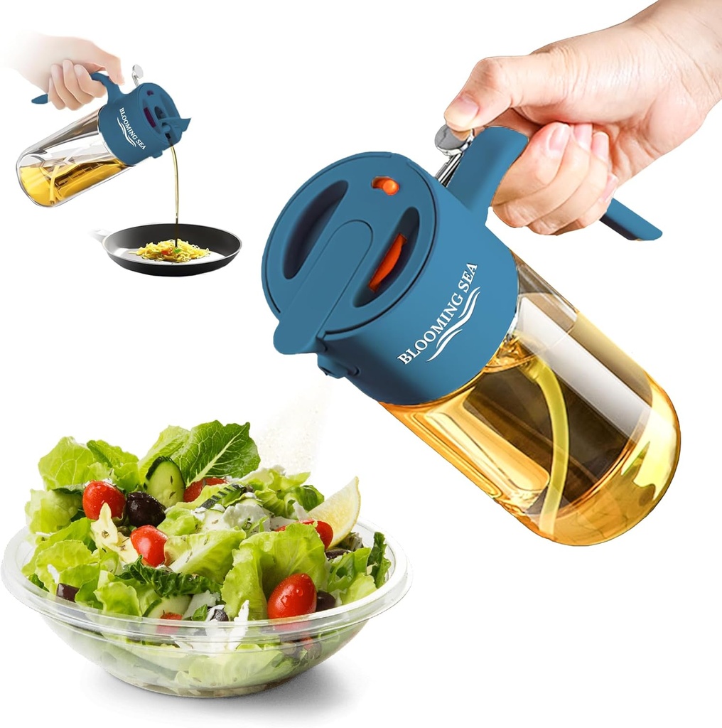 2-in-1 Oil Sprayer and Dispenser – 550ml Glass Olive Oil Bottle with Spray and Pour Modes – BPA-Free, Leakproof, Kitchen Oil Mister for Cooking, Air Fryer, BBQ (Deep Blue)