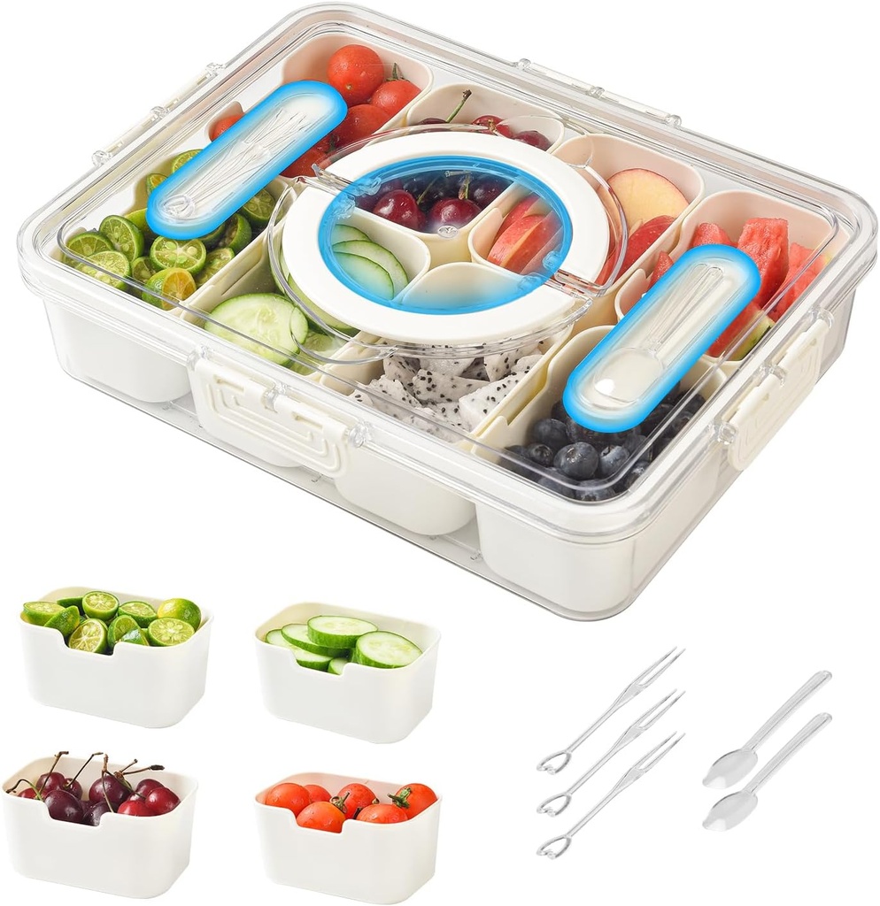 Snackle Box Container – 8-Compartment Portable Snack Box with Lid & Handle, Travel-Friendly Snack Containers for Snacks, Candy, Fruits, Nuts (White/Cream/Clear, 1 Pack)