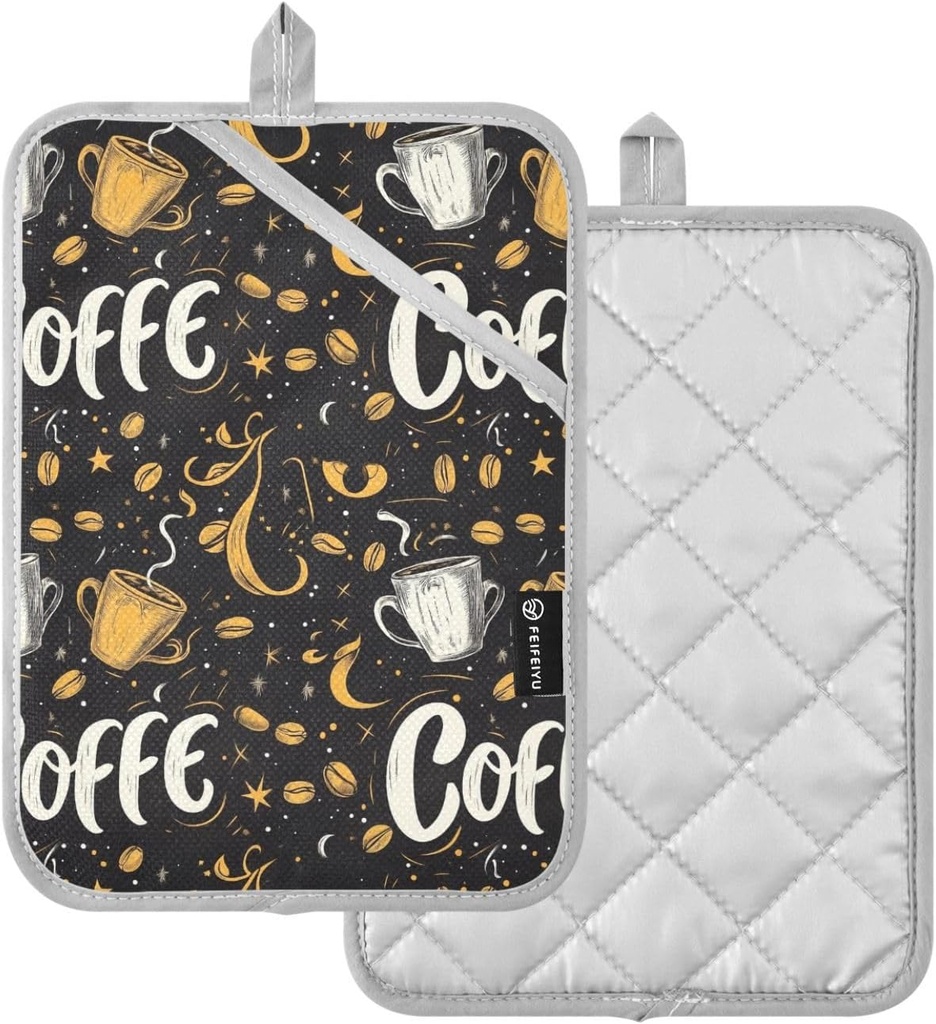 Fustylead Coffee Quoted Coffee Bean Black Pot Holders Heat Resistant Pot Holders 7”x9.8” Pots Holder Washable Potholers Set for Kitchen Craft Oven Hot Pods Home Cooking Baking Microwave, 2 Pieces