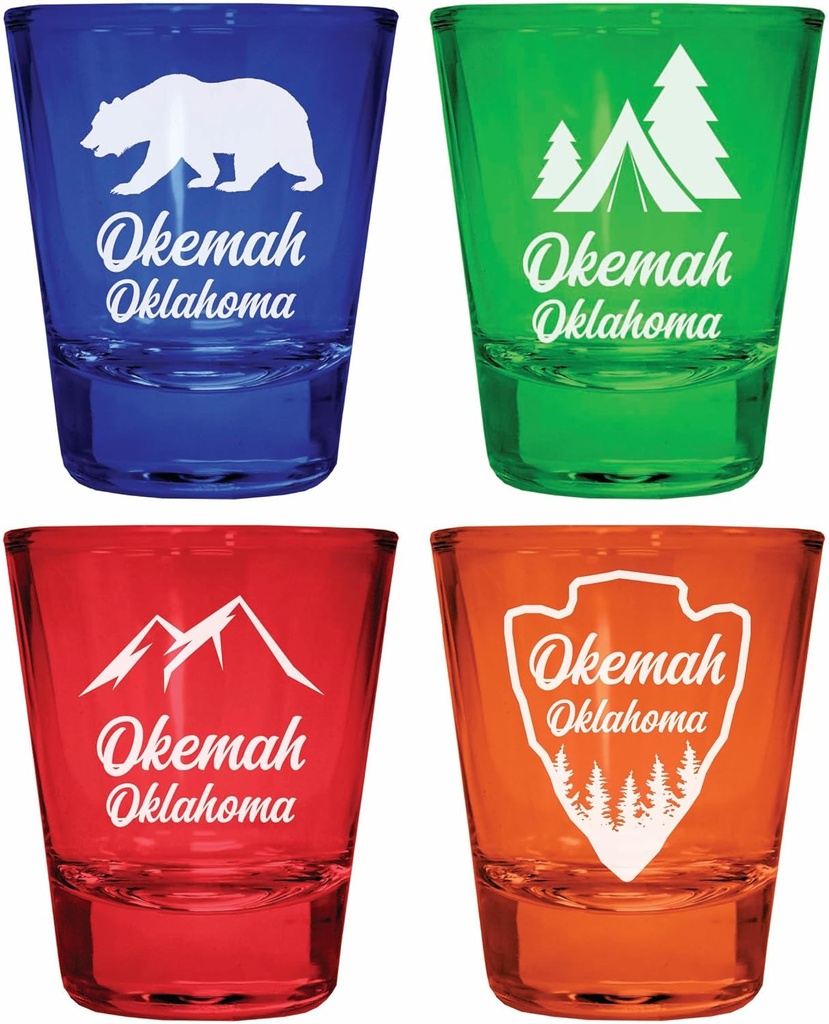 Okemah Oklahoma Souvenir 4-Pack Multicolor Engraved Round Shot Glasses Camping and Outdoors Set