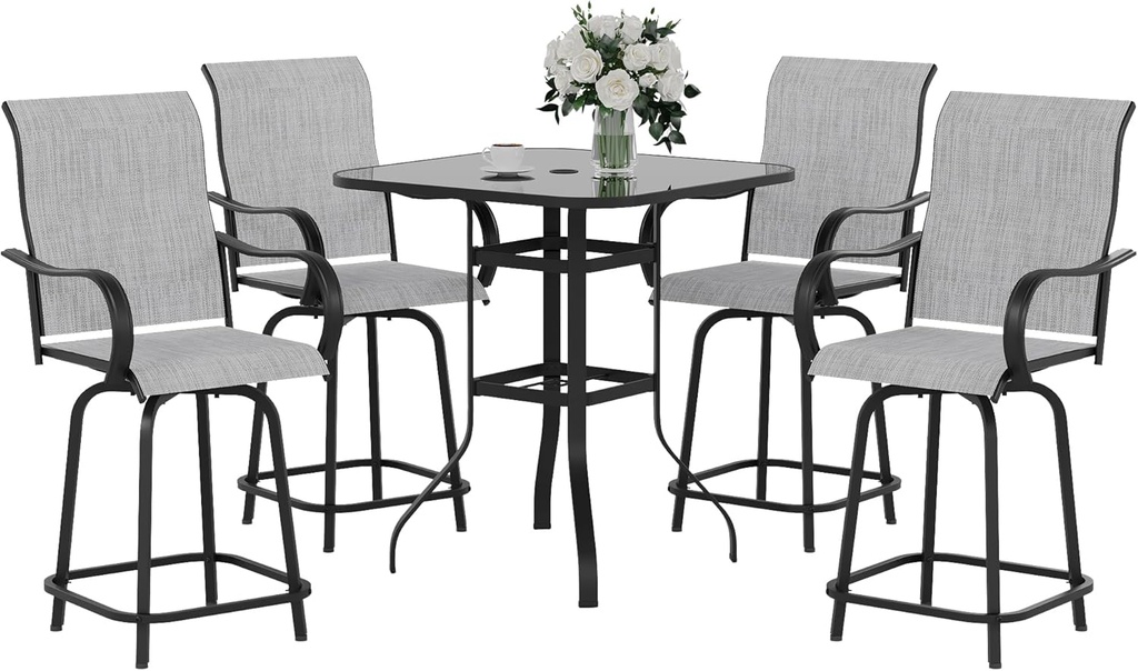 5 Pieces of Patio Swivel Bar Stools Set with 4 Outdoor Bar Height Chairs and 1 Bar Table - High Top Bistro Set for Deck, Pool, Garden, Backyard - All-Weather Metal Frame Textilene Fabric, Grey