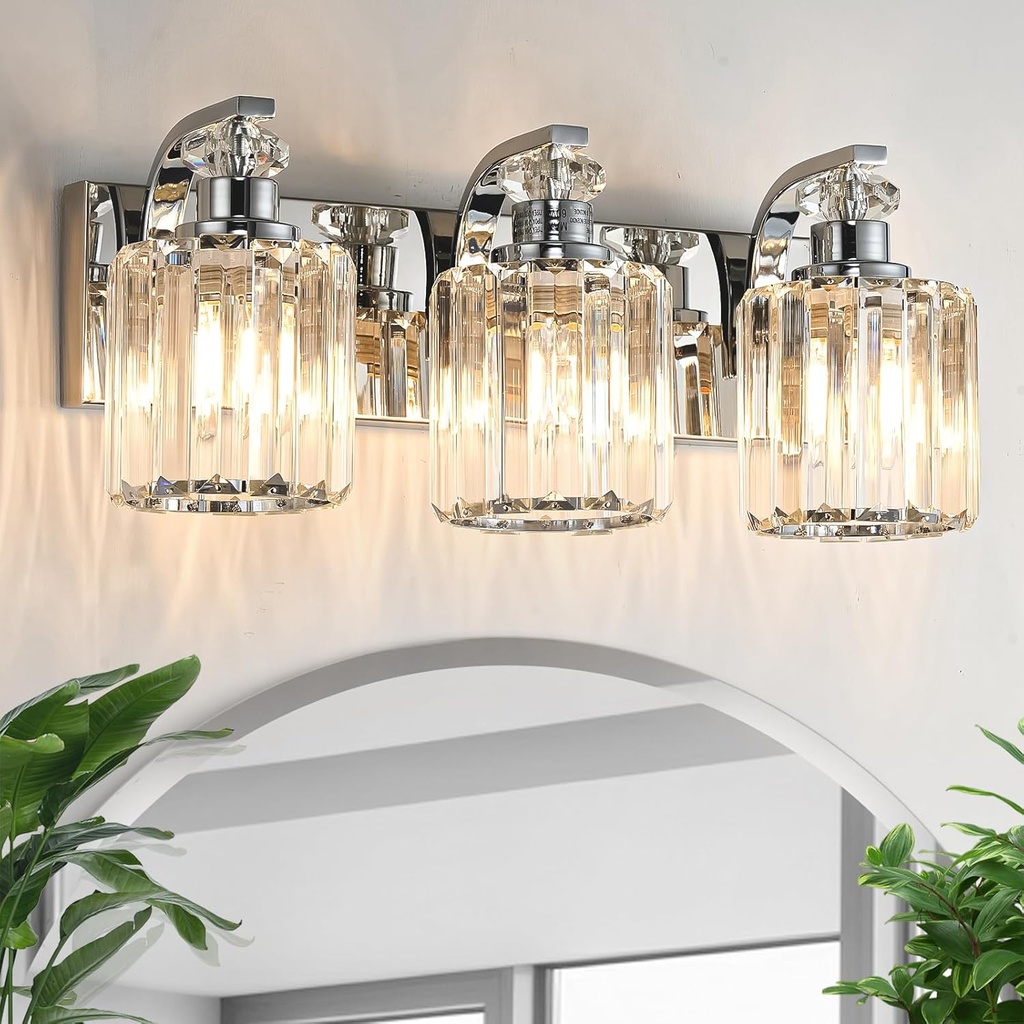 Chrome Bathroom Light Fixtures with K9 Crystal Lampshade Bathroom Lighting Over Mirror Vanity Lights for Living Room,Bedroom,Restroom,Hallway 3 Lights