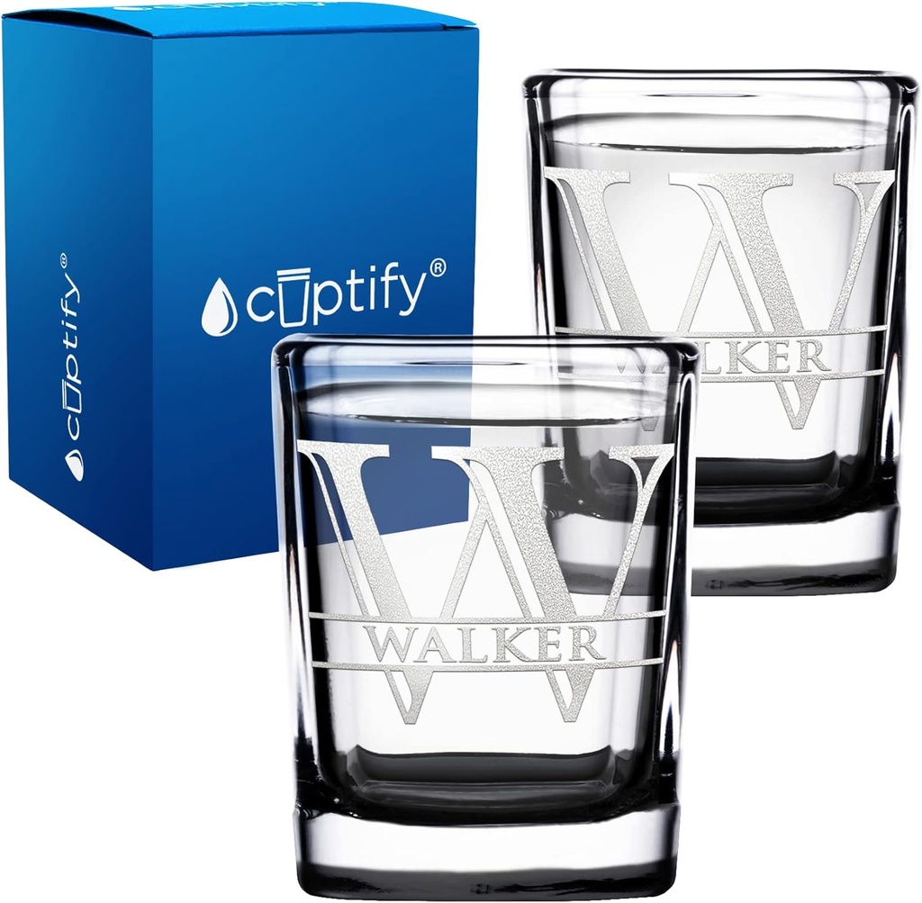Personalized Glasses Set of 2 Initial and Name 2oz Black Bottom Etched Square Shot Glass Engraved with Custom Text Birthday Gift for Men and Women