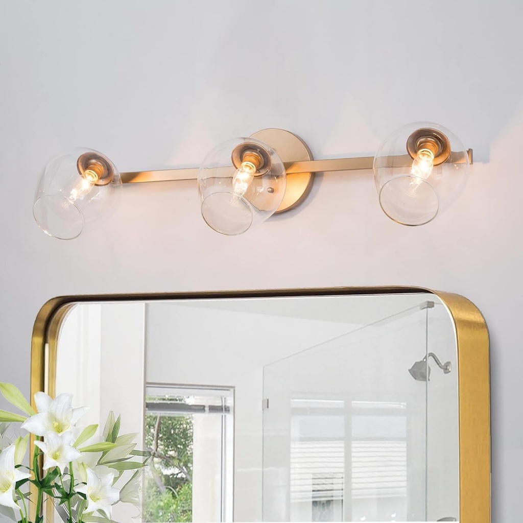 KSANA Gold Bathroom Vanity Light Fixtures, 3-Light Adjustable Vanity Lights for Bathroom with Clear Glass Shade, Modern Bathroom Vanity Lighting Light Fixtures Over Mirror