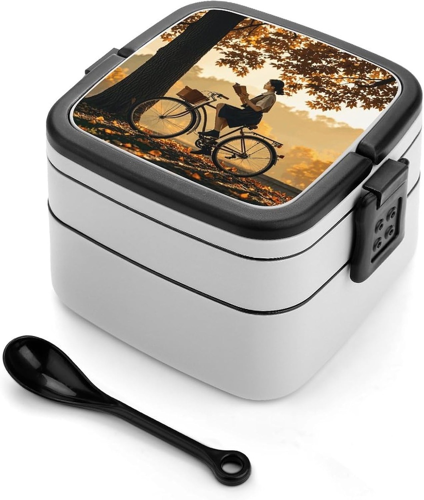 Bento Box Stackable Lunch Box with 2 Compartments Leak-Proof Food Storage Containers Silhouette of A Women on A Bicycle in The Fall Bento Lunch Box for Adults Lunch Containers with Utensil Set