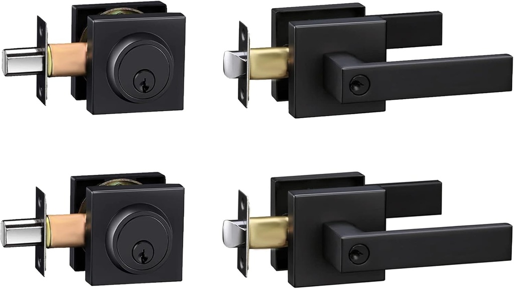 Exterior Door Lock Set,Combo Lock-Heavy Duty Black Door Handle and Single Cylinder Deadbolt Lock,Keyed Alike Door Locks for Front Door(Matte Black,2Pack Set)