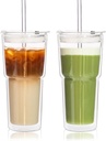 KEMORELA 2PCS 20oz Double Wall Glass Tumblers with Lids and Straws – Insulated Borosilicate Glass Matcha Cups for Iced Matcha Latte, Smoothies, Reusable Travel Glass Cups – Leak Proof 2-in-1 Lid