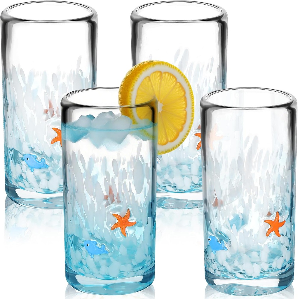 Skylety 4 Pcs Hand Blown Mexican Drinking Glasses 16 oz Coastal Beach Themed Drinking Cups Icon Juice Glasses, Ocean Blue Confetti, Gradient, for Tequila Cocktail Summer Beach Party