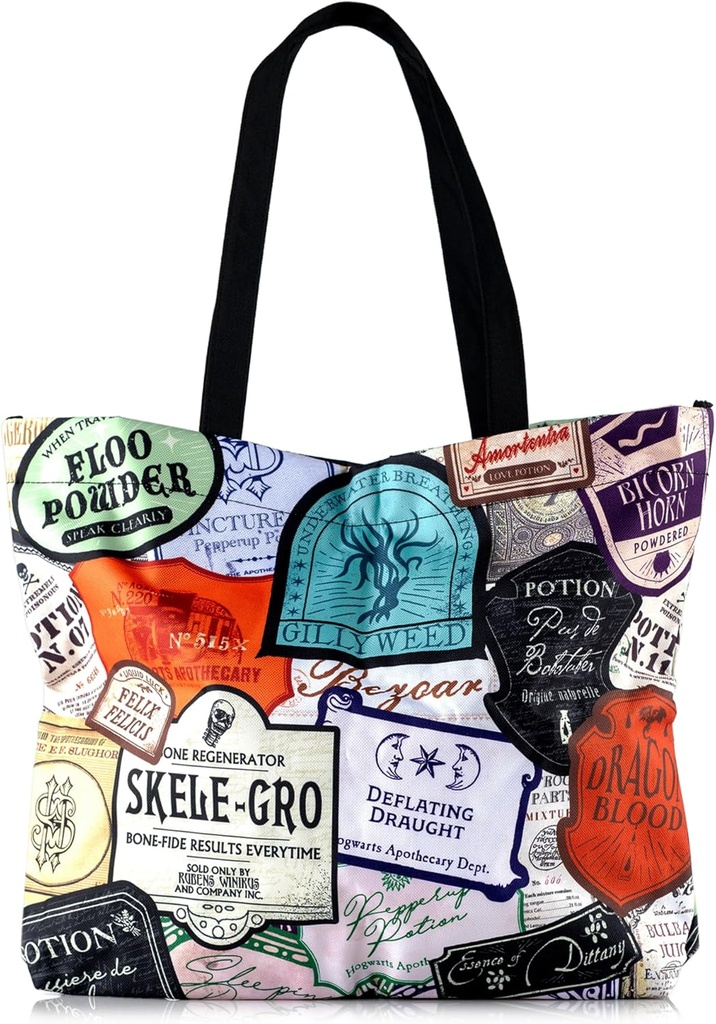 CON*QUEST Harry Potter Potions Labels Tote Bag, Durable Woven Polyester, Snap Closure, Patterned Inside Pocket, Elastic Wand/Pen Loop, 18''x14''x4'', Officially Licensed Wizarding World Merchandise