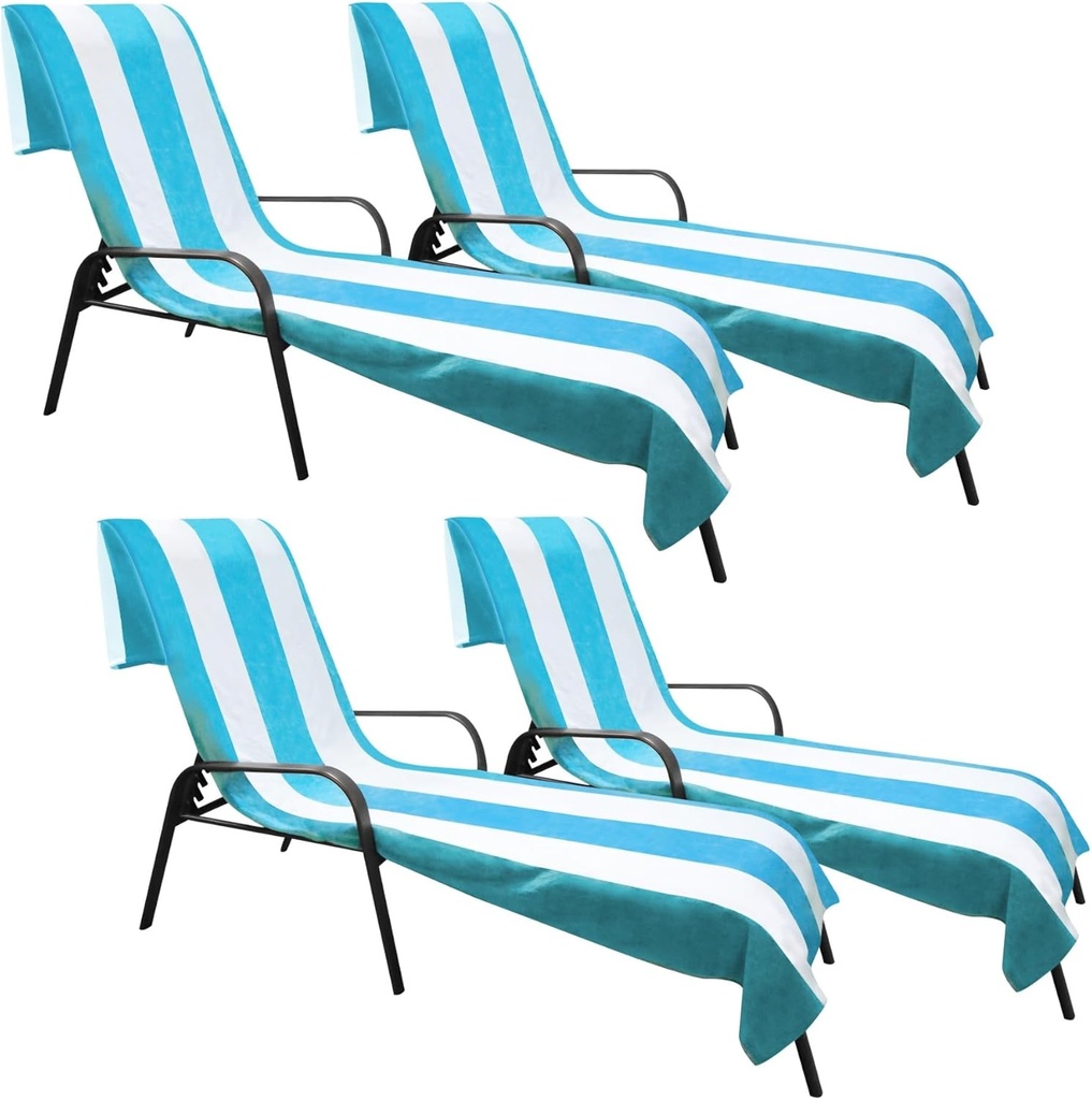 Superior Cabana Cotton Lounge Chair Cover, Outdoor Towel/Chaise Furniture Covers, Terry Cloth, Beach, Spa, Swim Accessories, Pool Chair Cover, Soft, Quick Drying, 32" x 102", Set of 4, Turquoise