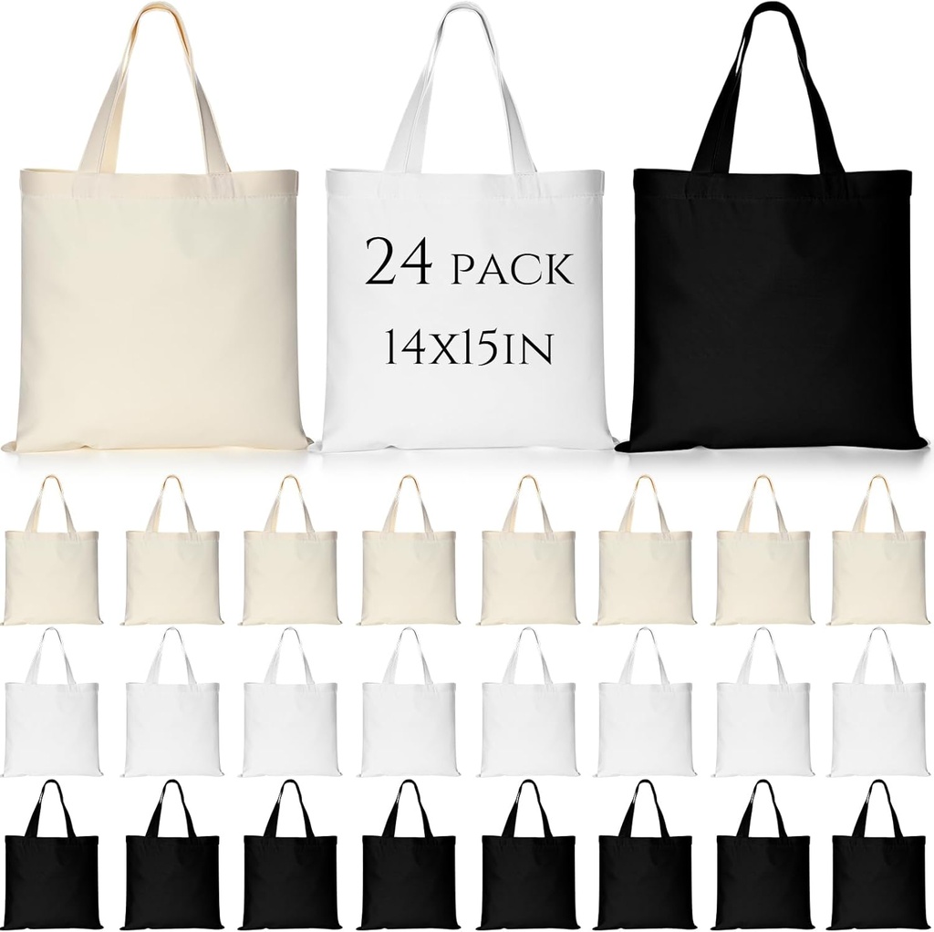 24 Pack Canvas Tote Bags Bulk 14'' x 15'' Sublimation Blank Cotton Cloth Bags Reusable Lightweight Grocery Shopping Tote for Women DIY Crafts Party Gift Activity