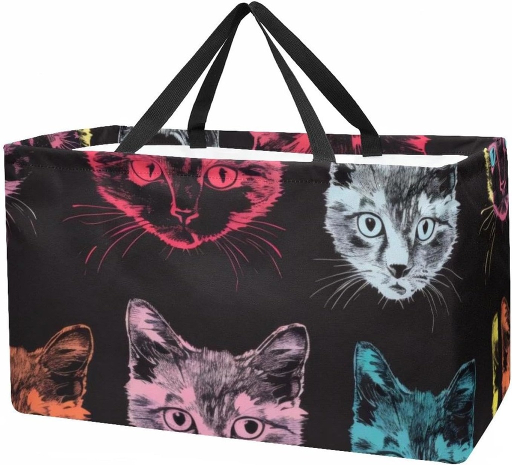 Reusable Grocery Bags for Women Large Kitten Faces with Colors Seamless Pattern Shopping Tote Bag for Beach Groceries Picnic