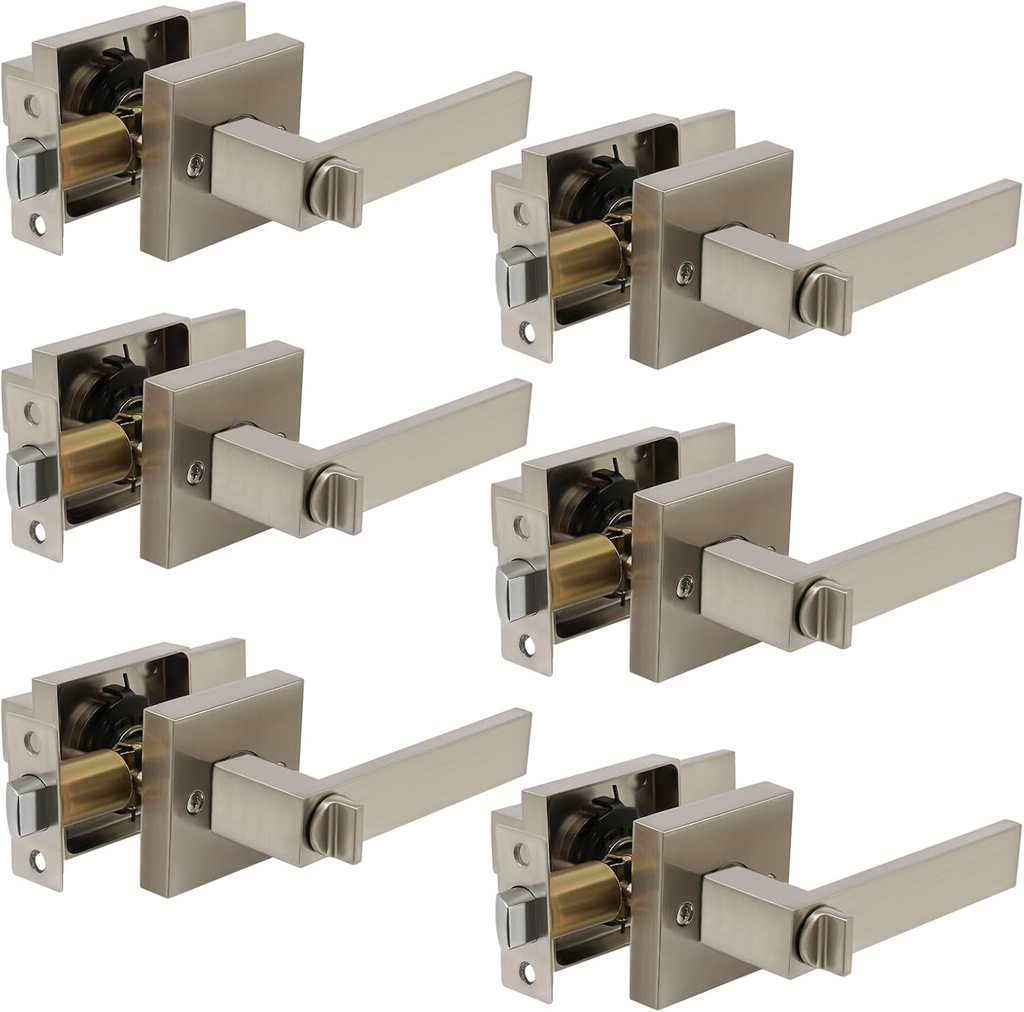 6 Pack Passage Door Lever, Non-Locking Heavy Duty Bed and Bath Door Locks Interior Keyless Locksets, Square Lever Set Reversible for Left Right Handed Doors (Nickel)